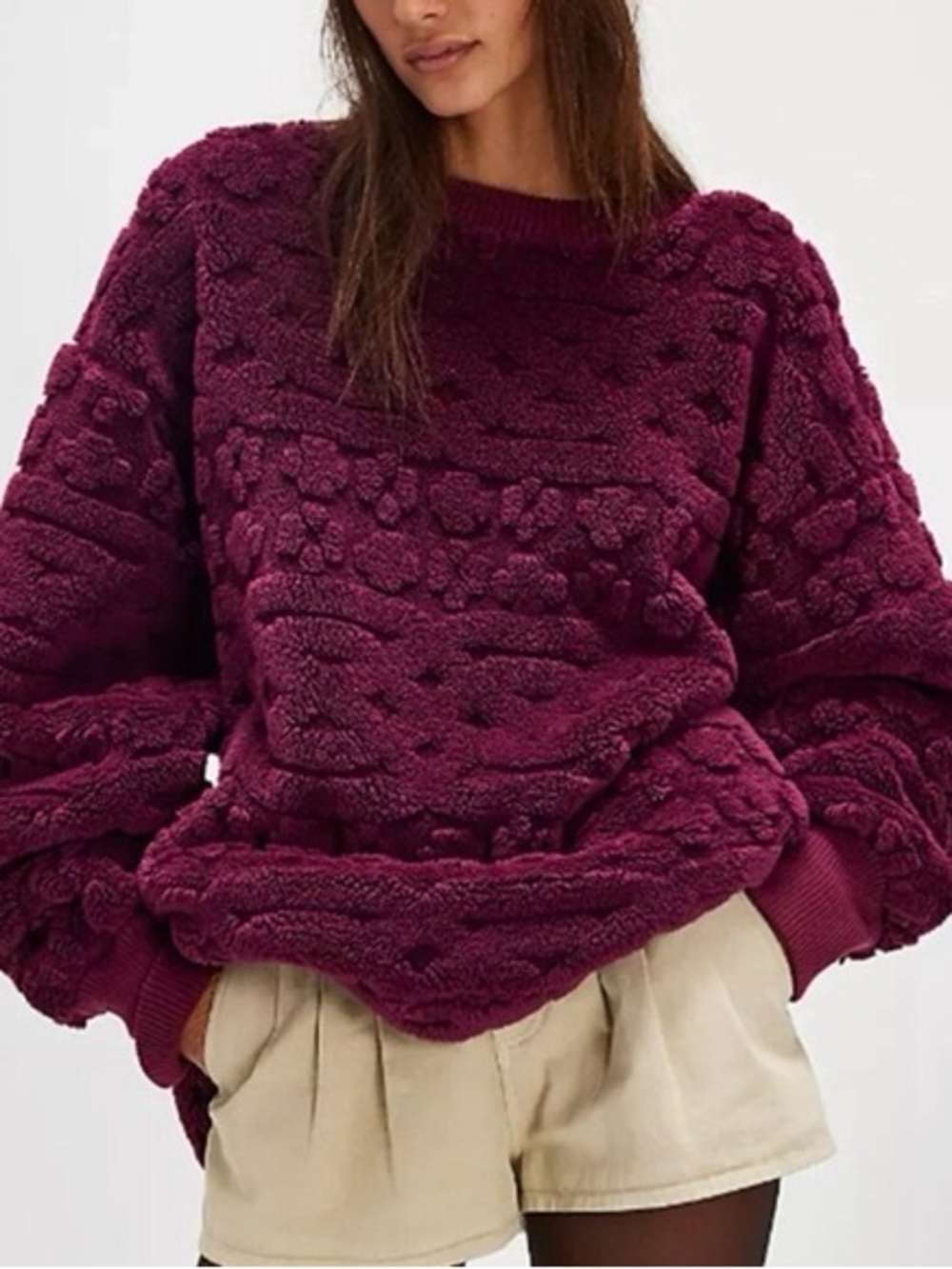 FREE PEOPLE Plush Textured Bubble Knit Sweater - Burgundy
